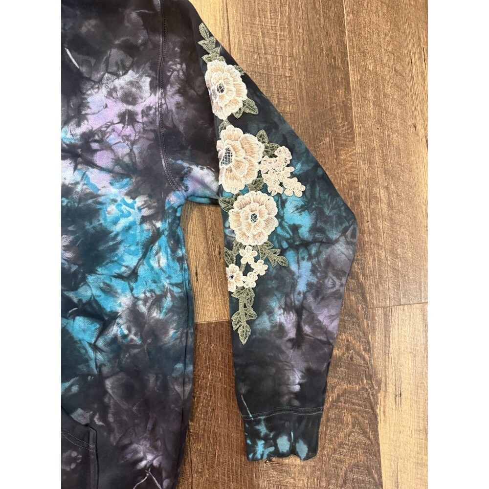 CIVIL REGIME Hoodie (MEDIUM) Blue Black Marble Tie Dye Roses Floral Embroidered - Picture 2 of 7